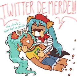  2girls =_= aqua_hair bead_necklace beads black_pants brazilian_flag brazilian_flag_print brazilian_miku croissant croissant_hair_ornament dark-skinned_female dark_skin denim denim_shorts earrings english_text eyewear_on_head fake_facial_hair fake_mustache food hatsune_miku highres i_don&#039;t_feel_so_good_(meme) jewelry meme milkytrickster multiple_girls necklace open_mouth pants red_beret red_scarf scarf shirt shorts striped_clothes striped_shirt sunglasses tan tanlines twintails vocaloid white_shirt 