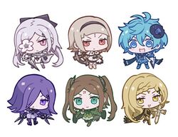  6+girls :d arched_bangs black_hairband blonde_hair blue_eyes blue_hair braid brown_hair chibi chibi_only closed_mouth commentary_request cross drag-on_dragoon five_(drag-on_dragoon) flower flower_over_eye four_(drag-on_dragoon) frown green_eyes hair_over_one_eye hairband holding holding_sword holding_weapon long_hair miichinori multiple_girls one_(drag-on_dragoon) purple_hair red_eyes sidelocks simple_background smile sword three_(drag-on_dragoon) twintails two_(drag-on_dragoon) v-shaped_eyebrows violet_eyes weapon white_background white_hair yellow_eyes zero_(drag-on_dragoon) 