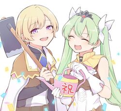 1boy 1girl :d ^_^ blonde_hair closed_eyes commentary_request confetti frey_(rune_factory) gloves green_hair hair_ribbon hayamaro65 highres hoe holding holding_hoe holding_watering_can lest_(rune_factory) long_hair long_sleeves looking_at_viewer open_mouth ribbon rune_factory rune_factory_4 shirt short_hair smile tiara translation_request twintails upper_body violet_eyes watering_can white_background white_gloves white_shirt 