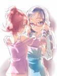  2girls aida_mana blue_eyes blue_hair casual couple dodai_shouji dokidoki!_precure glasses hishikawa_rikka long_hair multiple_girls pink_eyes pink_hair precure short_hair simple_background sketch yuri 