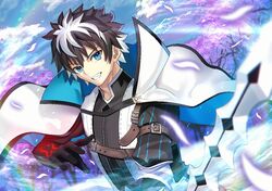  1boy belt belt_buckle black_gloves black_hair black_shirt blue_eyes blue_sky brown_belt buckle cape commentary_request day fate/extella fate/extra fate_(series) gloves holding holding_sword holding_weapon long_sleeves looking_at_viewer male_focus mishiro_(ixtlolton) multicolored_hair outdoors shirt short_hair sky smile solo sword teeth tree weapon white_cape white_hair 