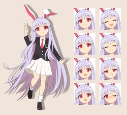  4rion :d :o absurdres angry animal_ears ankle_socks black_jacket blazer blush brown_footwear closed_mouth collared_shirt commentary_request embarrassed expressions finger_gun full_body happy highres jacket loafers long_hair long_sleeves miniskirt necktie nose_blush pink_skirt pleated_skirt purple_hair rabbit_ears rabbit_girl red_eyes red_necktie reisen_udongein_inaba shirt shoes sidelocks simple_background skirt smile smirk smug socks standing surprised tachi-e tongue tongue_out touhou upper_body v-shaped_eyebrows very_long_hair white_shirt white_socks worried 