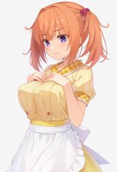  1girl apron blush breast_suppress breasts cafe_stella_to_shinigami_no_chou closed_mouth cofetaru collared_shirt commentary cowboy_shot eyelashes eyes_visible_through_hair frilled_apron frills frown hair_between_eyes hair_intakes hands_on_own_chest hands_up highres large_breasts long_hair looking_at_viewer orange_hair plaid_clothes plaid_collar puffy_short_sleeves puffy_sleeves shirt short_sleeves sidelocks simple_background solo split_mouth striped_clothes striped_shirt sumizome_nozomi tsurime twintails vertical-striped_clothes vertical-striped_shirt violet_eyes waist_apron waitress white_apron white_background yellow_shirt 