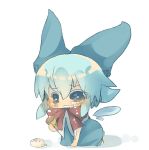  bad_id blue_dress blue_eyes blue_hair blush bow chibi cirno dress fallen_down food hair_bow hat ice_cream ice_cream_cone kneeling large_bow masirosu on_floor open_mouth sad short_hair simple_background solo spill tears touhou wavy_mouth wings 