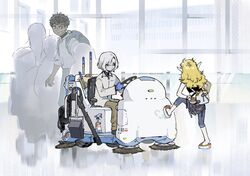  1girl 2boys alternate_universe backpack bag bags_under_eyes black_eyes black_hair blonde_hair blue_eyes contemporary curly_hair dark-skinned_male dark_skin denim driving dungeon_meshi elf fleki gapamopa gloves grey_hair highres indoors jeans kabru lazy_eye long_hair machine mask mithrun mouth_mask multiple_boys notched_ear pants pointy_ears sandals shirt short_hair stepping sweatdrop uneven_eyes wavy_hair 