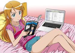  blue_eyes kousaka_kirino laptop long_hair orange_hair ore_no_imouto_ga_konna_ni_kawaii_wake_ga_nai ore_no_imouto_ga_konnani_kawaii_wake_ga_nai shorts 