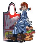 1girl apron blue_eyes boots dress food freckles hamburger mascot product_placement red_hair redhead sarmat sign sitting smile twintails wendy&#039;s wendy_(wendy&#039;s) 