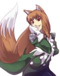  animal_ears brown_hair cosplay fangs gloves grin hand_on_another&#039;s_face hand_on_face hand_on_own_face highres holo lobelia_carlini lobelia_carlini_(cosplay) long_hair long_sleeves mochi_suki red_eyes sakura_taisen sakura_taisen_iii simple_background smile solo spice_and_wolf tail uniform wolf_ears wolf_tail 