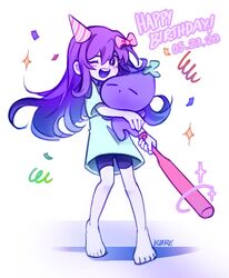  1girl :d artist_name aubrey_(headspace)_(omori) aubrey_(omori) barefoot baseball_bat blue_dress bow child colored_skin commentary confetti dated double-parted_bangs dress english_commentary english_text full_body hair_between_eyes hair_bow happy_birthday hat highres holding holding_baseball_bat holding_stuffed_toy k0re_drawings long_hair looking_at_viewer mr._plantegg_(omori) omori one_eye_closed open_mouth party_hat pink_bow purple_hair purple_shorts shadow short_shorts short_sleeves shorts simple_background smile solo sparkle standing striped_clothes striped_headwear stuffed_eggplant stuffed_toy teeth upper_teeth_only violet_eyes white_background white_skin 