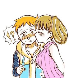 1boy 1girl brown_hair couple diane_(nanatsu_no_taizai) hetero king_(nanatsu_no_taizai) kissing_cheek nanatsuiro_drops orange_hair