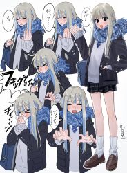  >_< 1girl absurdres bag black_eyes black_skirt blonde_hair blowing_nose blue_background blue_hair blue_necktie blue_scarf blush brown_footwear buttoned_cuffs buttons closed_eyes ear_piercing enpera full_body grey_jacket grey_sweater gyaru hamafugu hand_in_pocket hand_up handkerchief highres holding holding_handkerchief holding_strap jacket kogal loafers long_hair long_sleeves looking_at_viewer loose_socks miniskirt multicolored_hair multiple_views necktie open_clothes open_jacket open_mouth original piercing plaid_clothes plaid_scarf plaid_skirt pleated_skirt ribbed_socks scarf school_bag school_uniform second-party_source shoes signature simple_background skirt sleeves_past_wrists sneezing snot socks speech_bubble standing straight_hair streaked_hair striped_necktie sweater translation_request upper_body v-neck white_background white_socks 