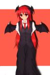  bat_wings blush dress head_wings highres husky_(artist) koakuma long_hair necktie red_eyes red_hair redhead smile the_embodiment_of_scarlet_devil touhou vest wings 