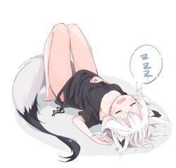  absurdres ahoge animal_ear_fluff animal_ear_piercing animal_ears aqua_eyes barefoot black_shirt black_tail breasts closed_eyes collarbone crossed_bangs double-parted_bangs earrings extra_ears fox_ears fox_girl fox_tail full_body highres hololive jewelry long_hair low-tied_long_hair lying multicolored_tail official_alternate_costume on_back oversized_clothes oversized_shirt pentagram shirakami_fubuki shirakami_fubuki_(loungewear) shirt side-tie_shirt sidelocks simple_background single_earring tail tensann3 thighs virtual_youtuber white_background white_hair white_tail yawning zzz 