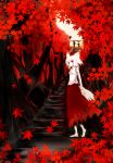 acryl animal_ears autumn bad_id barefoot detached_sleeves hat highres inubashiri_momiji leaf maple_leaf red_eyes short_hair solo stairs tail tokin_hat touhou tree white_hair wolf_ears wolf_tail 
