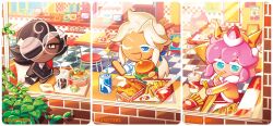  1girl 1other 2boys ;d androgynous backpack bag bags_under_eyes black_eyes black_jacket black_pants blonde_hair blue_eyes blue_ribbon blush booth_seating brick brick_wall brown_hair burger can checkered_floor chibi chibi_only chicken chicken_(food) chicken_leg chueog closed_eyes closed_mouth collared_shirt commentary_request company_name cookie_run cookie_run:_braverse cookie_run:_kingdom cup dark-skinned_male dark_skin disposable_cup dress_shirt drink drink_can drinking_straw eating espresso_cookie fast_food food fork french_fries fried_chicken fries fruit glasses gradient_clothes gradient_jacket green_bag highres holding holding_burger holding_food hood hood_up hoodie indoors jacket korean_commentary leaf light_frown long_hair long_sleeves looking_at_viewer lotteria madeleine_cookie multicolored_hair multiple_boys napkin official_alternate_costume official_alternate_hairstyle official_art on_stool one_eye_closed open_mouth pants pink_hair pink_hoodie ponytail red_jacket red_pants restaurant ribbon round_eyewear salad shirt short_hair sidelocks sleeves_rolled_up slit_pupils smile soda soda_can sparkle stool strawberry strawberry_cookie strawberry_crepe_cookie streaked_hair trading_card white_shirt window yellow_bag yellow_jacket 