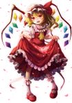  1girl ascot blonde_hair dress dress_lift flandre_scarlet hat long_hair mikkii open_mouth petals red_dress red_eyes side_ponytail solo touhou white_background wings 