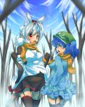  bare_tree black_legwear black_panties blue_eyes blue_hair fang garter_straps hair_bobbles hair_ornament hands_in_pockets inubashiri_momiji kawashiro_nitori kuromiya multiple_girls panties pantyshot red_eyes scarf shared_scarf skirt sky thighhighs touhou tree underwear white_hair 