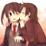  blazer blush brown_eyes brown_hair cheek_kiss closed_eyes eyes_closed hachiko_(hati12) hair_ornament hairclip kiss multiple_girls necktie original school_uniform sweater_vest wink yuri 