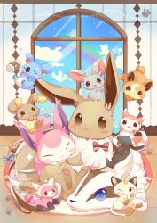  absurdres alternate_color animal animal_focus blush blush_stickers buneary claws closed_eyes closed_mouth eevee furfrou furfrou_(natural) furret highres komala linoone log meowth minccino no_humans pawpads pokemon pokemon_(creature) ribbon shiny_pokemon skitty smile stufful tail teddiursa tongue tongue_out ushiina 