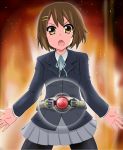  armoredcore4 esupe henshin hirasawa_yui k-on! kamen_rider kamen_rider_kuuga kamen_rider_kuuga_(series) pantyhose parody school_uniform 