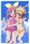  barefoot bikini blue_eyes blush cabbie_hat casual_one-piece_swimsuit child deerstalker green_eyes hair_ribbon hat highres hug ki_(adotadot) loli multiple_girls one-piece_swimsuit payot pink_hair pink_swimsuit red_hair redhead ribbon sherlock_shellingford striped striped_bikini striped_swimsuit swimsuit tantei_opera_milky_holmes wink yellow_bikini yuzurizaki_nero 