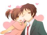  brown_eyes brown_hair kinokosuke kyon kyon_no_imouto school_uniform short_hair siblings side_ponytail suzumiya_haruhi_no_yuuutsu wink 