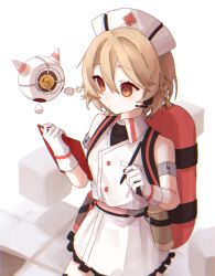  1girl bare_shoulders black_gloves blonde_hair braid buttons clipboard closed_mouth collared_dress double-parted_bangs dress drone gloves hair_between_eyes hat headset holding holding_clipboard holding_pen left-handed nurse nurse_cap nurse_robot_type_t orange_eyes pen short_hair side_braids simple_background sleeveless sleeveless_dress solo tank_(container) two-tone_gloves usame_same utau white_background white_dress white_gloves white_hat 