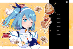  1girl blue_eyes blue_hair cake english_text food long_hair mega_man_(series) mega_man_x_(series) mega_man_x_dive one_eye_closed orange_background rico_(mega_man) rikka_(user_hruv2435) robot_girl side_ponytail solo upper_body 