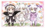  3girls barasuishou boots chibi closed_eyes crystal dress eating eyepatch eyes_closed flower gothic_lolita gucchi hair_flower hair_ornament kirakishou lolita_fashion long_hair multiple_girls purple_hair purple_rose red_eyes rose rozen_maiden silver_hair suigintou white_hair white_rose wings yellow_eyes 