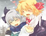  blonde_hair closed_eyes eyes_closed fang heart hug konpaku_youmu multiple_girls rumia scarf smile snow touhou tsushima_shigure youkai 