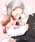  brown_hair closed_eyes doujima_nanako eyes_closed grey_hair highres hug loli narukami_yuu nou_(suparna) open_mouth persona persona_4 seta_souji smile 