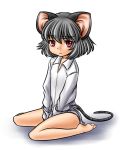  :&lt; animal_ears barefoot bottomless eyebrows five-seven grey_hair mouse_ears mouse_tail naked_shirt nazrin red_eyes short_hair solo tail touhou 