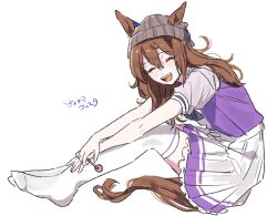  1girl animal_ears brown_hair candy character_name closed_mouth ears_through_headwear enu_(brandnewday02) facing_viewer food grey_hat hat holding holding_candy holding_food holding_lollipop horse_ears leaning_forward lollipop long_hair looking_to_the_side nakayama_festa_(umamusume) no_shoes open_mouth petticoat purple_shirt shirt short_sleeves sitting skirt smile solo thigh-highs umamusume vector_trace white_skirt white_thighhighs 