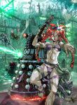  bracelet braid city dalek doctor_who energy goggles goggles_on_head grey_skin gun insect jewelry long_hair machine open_mouth otaking red_eyes red_hair robot scenery science_fiction scifi twin_braids weapon wet 