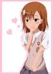  blush brown_eyes brown_hair hair_ornament heart misaka_mikoto school_uniform short_hair shorts skirt to_aru_kagaku_no_railgun to_aru_majutsu_no_index uniform 