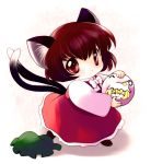  animal_ears ball brown_hair cat_ears cat_tail chen chibi hat hat_removed headwear_removed highres multiple_tails red_eyes short_hair tail touhou yakumo_ran yume_shokunin 