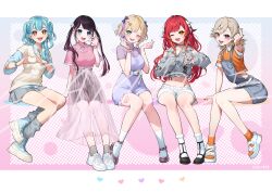  4-finger_heart_hands 5girls :3 absurdres alternate_costume baggy_socks belt black_footwear black_hair black_skirt blonde_hair blue_eyes blue_footwear blue_hair blue_nails blue_shirt blunt_bangs bobby_socks bow bracelet choker clothing_cutout collarbone collared_shirt colored_inner_hair crop_top denim_overalls dotted_background double-parted_bangs dress earrings fangs finger_heart frilled_socks frills grey_hair grey_shirt grey_skirt grey_socks hair_bow hair_ornament hairclip heart heart_hands heart_necklace highres hip_tattoo invisible_chair iris_black_games jewelry kaga_nazuna komori_met kurumi_noah lace lace_choker leg_tattoo long_hair long_sleeves lupinus_virtual_games mary_janes midriff mole mole_under_eye multicolored_hair multiple_girls nail_polish navel necklace nekota_tsuna nemoto_yuuma open_mouth orange_eyes orange_nails orange_shirt orange_socks overalls pink_eyes pink_shirt polo_shirt pom_pom_(clothes) pom_pom_hair_ornament purple_bow purple_dress purple_footwear purple_nails red_nails redhead ribbed_socks sample_watermark see-through_skirt_layer shiranami_ramune shirt shoes short_shorts short_sleeves shorts shoulder_cutout sidelocks simple_background sitting skirt sleeveless sleeveless_dress sleeves_past_wrists sneakers socks streaked_hair sweater_vest swept_bangs tattoo teeth turtleneck turtleneck_shirt twintails two_side_up virtual_youtuber vspo! watermark wavy_hair white_background white_footwear white_shorts white_socks wristband yellow_sweater_vest 