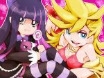  bad_id bare_shoulders blonde_hair breasts candy cleavage eyeshadow lollipop long_sleeves makeup multicolored_hair multiple_girls panty_&amp;_stocking_with_garterbelt panty_(character) panty_(psg) satoru_nami stocking_(character) stocking_(psg) striped striped_legwear striped_thighhighs stuffed_animal stuffed_toy thigh-highs thighhighs two-tone_hair 