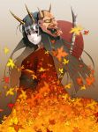  autumn_leaves black_hair blurry depth_of_field face hannya highres hinomoto_oniko horns japanese_clothes kimono kyo kyo_(kuroichigo) leaf long_hair mask obi oni original pale_skin red_eyes red_sun solo sun 