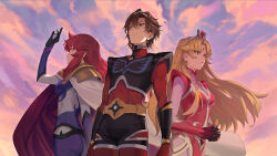  1boy 2girls armor artist_request blonde_hair blue_eyes bodysuit brown_hair duke_fleed gloves grendizer_u hair_ornament long_hair makeup mazinger_(series) multiple_girls official_art pilot_suit red_bodysuit redhead rubina_beryl_vega short_hair shoulder_armor sideburns skin_tight teronna_aqua_vega ufo_robo_grendizer yellow_eyes 