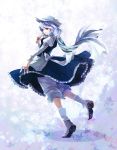  awa_toka blue_eyes blue_hair boots bow cape dress hands hat lavender_hair letty_whiterock looking_back pants short_hair silver_hair smile solo touhou 
