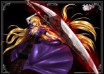  blonde_hair breasts brooch choker cleavage devil_may_cry dress elbow_gloves erect_nipples gloves hair_over_one_eye hat hat_removed headwear_removed highres huge_weapon jewelry large_breasts long_hair nelo purple_eyes skull solo sparda_(sword) sword touhou very_long_hair violet_eyes weapon yakumo_yukari 
