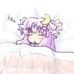  :&lt; bed blush chibi closed_eyes crescent hat lowres patchouli_knowledge purple_hair sleeping solo touhou 