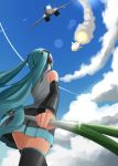  airplane ass cloud clouds fighter_jet flying from_below green_hair hair_ornament hatsune_miku headphones jet long_hair mig-29 military missile pinkwaters pun sky solo spring_onion thigh-highs thighhighs twintails very_long_hair vocaloid weapon zettai_ryouiki 