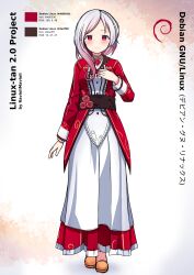  absurdres asymmetrical_hair color_guide debian frilled_skirt frills hand_on_own_chest highres jacket jewelry krita_(medium) layered_skirt linux long_skirt long_sleeves mixed-language_text multicolored_hair necklace obi pink_hair raviolimavioli red_eyes red_skirt red_vest sash simple_background skirt suit_jacket two-tone_hair vest white_hair 
