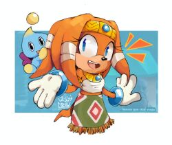  1girl blue_eyes chao_(sonic) draw_chill's fairy_wings furry furry_female green_skirt looking_at_viewer marvel neutral_chao notice_lines signature skirt smile sonic_(series) sonic_adventure tail thanos tikal_the_echidna when_you_see_it wings 