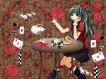  antlers bad_id blue_eyes card chair chin_rest cup falling_card floating_card flower food fork green_hair hatsune_miku hirostuart kneehighs long_hair open_mouth red_rose rose sitting skirt solo table tea teacup teapot vocaloid wristband 