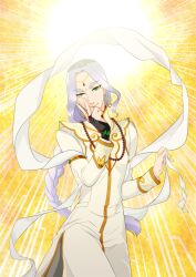  1boy ace_attorney bead_necklace beads bindi black_gloves braid braided_ponytail bridal_gauntlets coat commentary_request cowboy_shot earrings forehead_jewel gloves gold_armlet green_eyes grey_hair hands_up holding_shawl hoop_earrings jewelry long_hair long_sleeves magatama male_focus nahyuta_sahdmadhi necklace phoenix_wright:_ace_attorney_-_spirit_of_justice pncnmmm protected_link shawl shirt single_braid solo thick_eyebrows very_long_hair white_coat white_shawl white_shirt yellow_background 