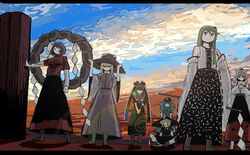  eiji_(age1234) inubashiri_momiji kagiyama_hina kawashiro_nitori kirisame_marisa kochiya_sanae long_skirt moriya_suwako mountain_of_faith multiple_girls pyonta skirt touhou yasaka_kanako 