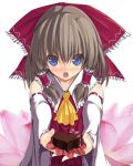  blue_eyes blush bow brown_hair chocolate detached_sleeves hair_bow hakurei_reimu holding_gift incoming_gift solo touhou valentine 